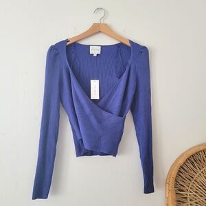 Pink Rose Galaxy Blue Wrap Front Ribbed Sweater S NWT